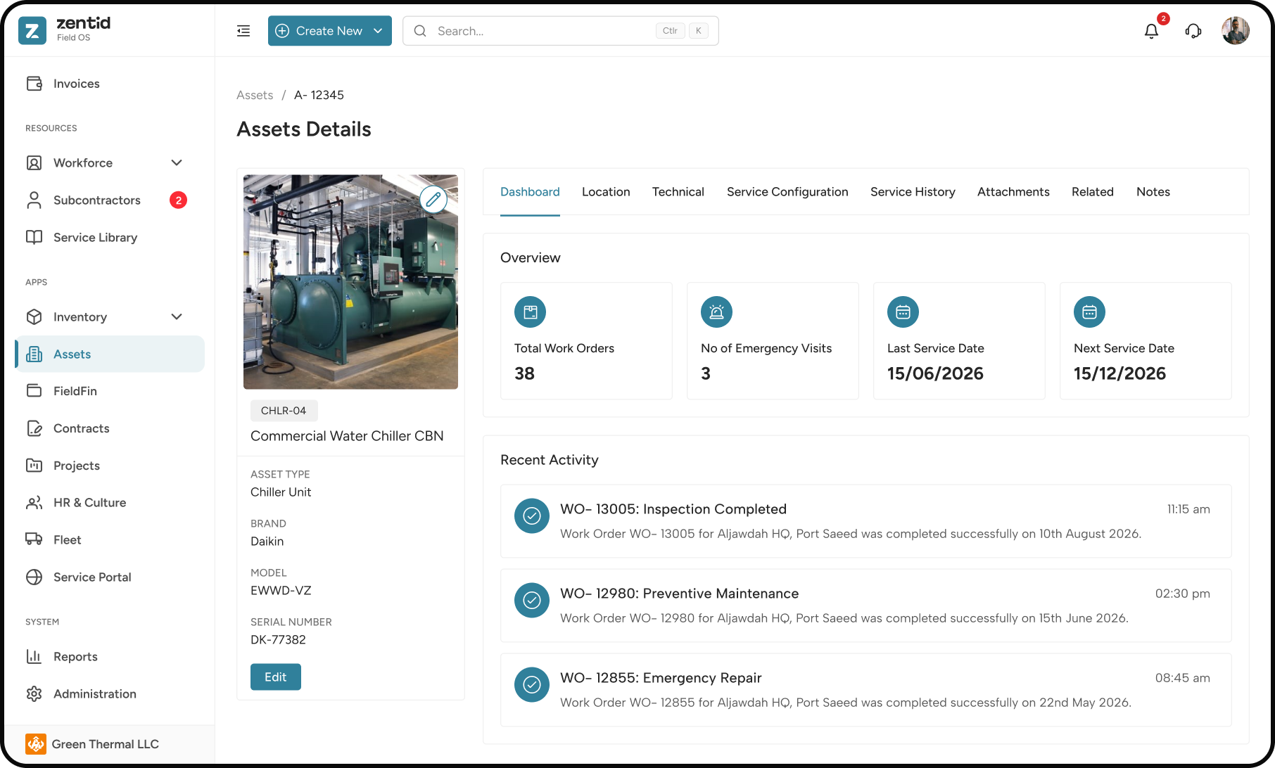 Zentid Asset App showing asset details, warranty coverage and maintenance history