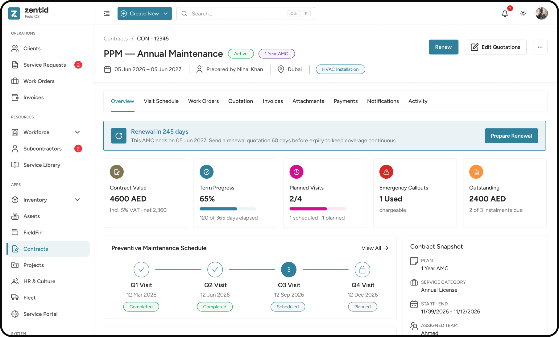 Zentid Asset App showing asset details, warranty coverage and maintenance history