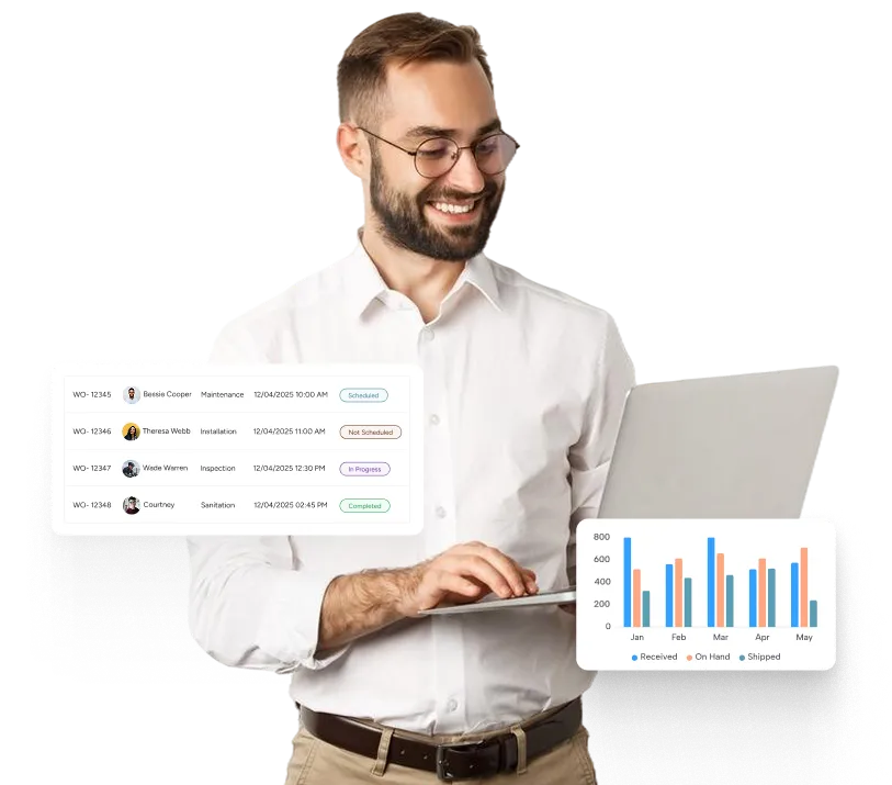 a person holding his laptop while smiling at it. 2 cards hovering around him