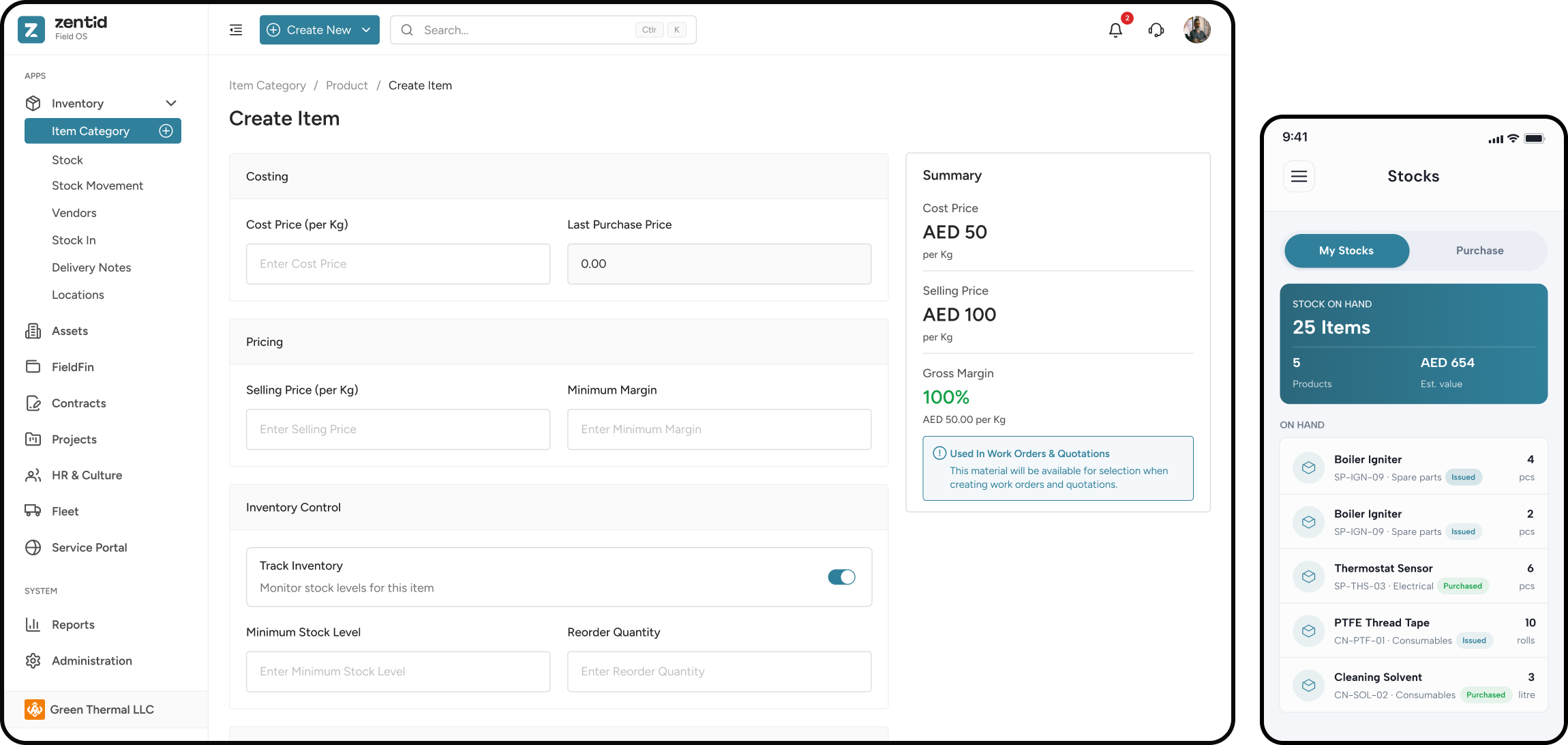 Zentid Inventory App showing the create item screen on desktop and stock levels on mobile