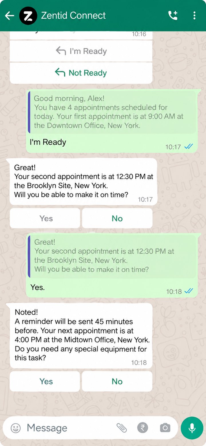 A technician confirming the day's schedule in WhatsApp: I'm Ready, an on-time check for the second appointment and an equipment question